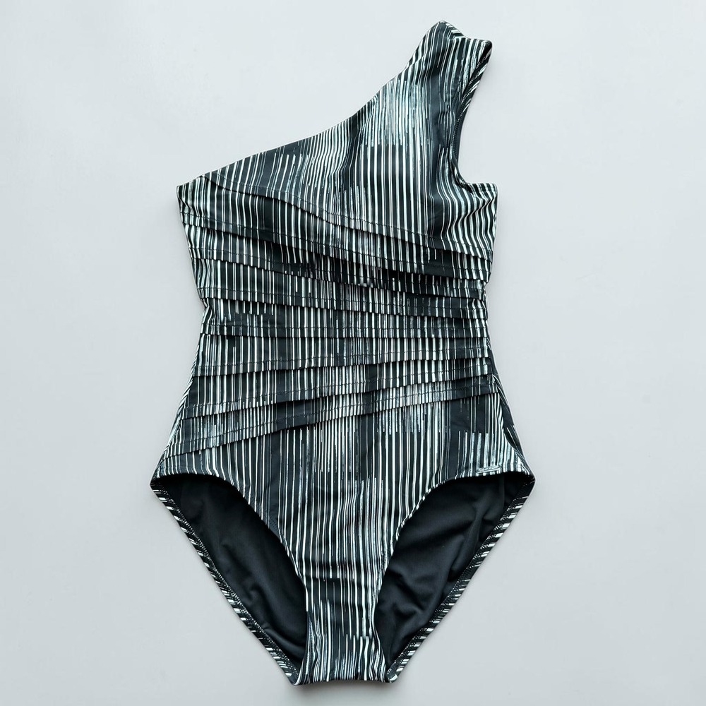 Calvin Klein One-Shoulder One Piece Swimsuit in Black Multi Dry Brush Size 12 - Picture 2 of 6